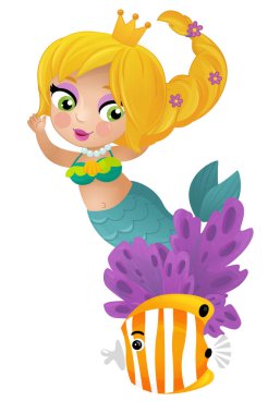 Mercan resifinin yakınlarında büyüyen deniz kızı karikatürü sahnesi çocuklar için izole edilmiş.