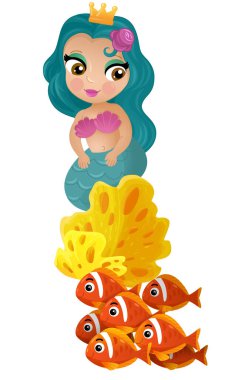 Mercan resifinin yakınlarında büyüyen deniz kızı karikatürü sahnesi çocuklar için izole edilmiş.