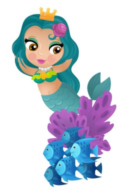 Mercan resifinin yakınlarında büyüyen deniz kızı karikatürü sahnesi çocuklar için izole edilmiş.