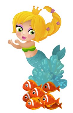 Mercan resifinin yakınlarında büyüyen deniz kızı karikatürü sahnesi çocuklar için izole edilmiş.