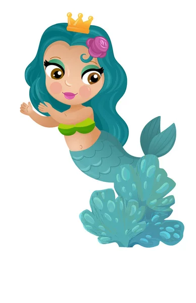 人魚姫との漫画シーン子供のためのサンゴ礁孤立したイラストの近くで泳ぐ — ストック写真