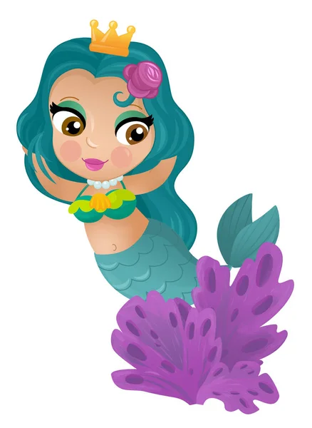 卡通片中 美人鱼公主在珊瑚礁附近游来游去 为孩子们提供了一个孤立的例证 — 图库照片