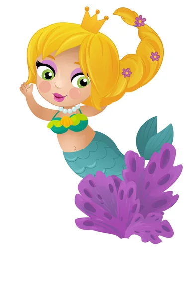 Escena Dibujos Animados Con Princesas Sirena Wimming Cerca Arrecife Coral —  Fotos de Stock