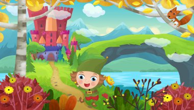 Çizgi film sahnesinde çocuklar için sihirli şato resimlerinin yanında gülümseyen bir cüce vardı.