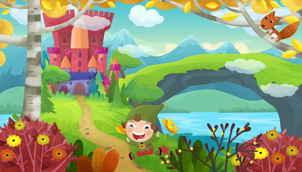 Cartoon Scene Cheerful Smiling Dwarf Fairy Tale Magical Castle Illustration — Stock Photo, Image