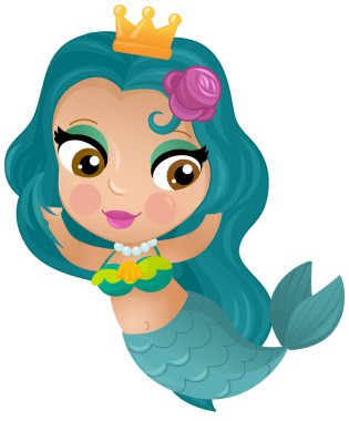 Mercan resifinin yakınlarında büyüyen deniz kızı karikatürü sahnesi çocuklar için izole edilmiş.