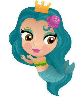 Mercan resifinin yakınlarında büyüyen deniz kızı karikatürü sahnesi çocuklar için izole edilmiş.