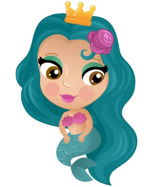 Mercan resifinin yakınlarında büyüyen deniz kızı karikatürü sahnesi çocuklar için izole edilmiş.