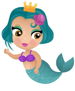 Mercan resifinin yakınlarında büyüyen deniz kızı karikatürü sahnesi çocuklar için izole edilmiş.