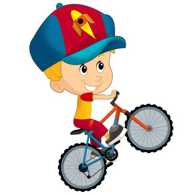 Çocuklar için izole edilmiş eğlenceli bir resim için bisiklete binen küçük bir çocuğun olduğu çizgi film sahnesi.