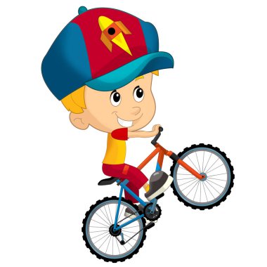 Çocuklar için izole edilmiş eğlenceli bir resim için bisiklete binen küçük bir çocuğun olduğu çizgi film sahnesi.