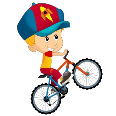 Çocuklar için izole edilmiş eğlenceli bir resim için bisiklete binen küçük bir çocuğun olduğu çizgi film sahnesi.