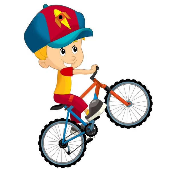 Tecknad Scen Med Liten Pojke Ridning Cykel För Roliga Isolerade — Stockfoto