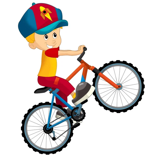 Cena Dos Desenhos Animados Com Menino Andando Bicicleta Para Diversão — Fotografia de Stock