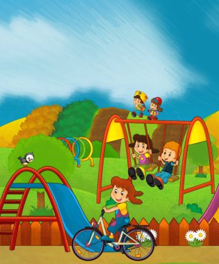 Lunaparktaki çocukların oynadığı karikatür sahnesi ya da oyun parkındaki komik illüstrasyon