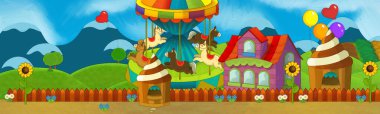 Lunaparktaki çocukların oynadığı karikatür sahnesi ya da oyun parkındaki komik illüstrasyon
