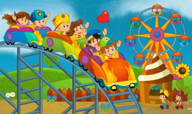 Lunaparktaki çocukların oynadığı karikatür sahnesi ya da oyun parkındaki komik illüstrasyon