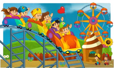 Lunaparktaki çocukların oynadığı karikatür sahnesi ya da oyun parkındaki komik illüstrasyon