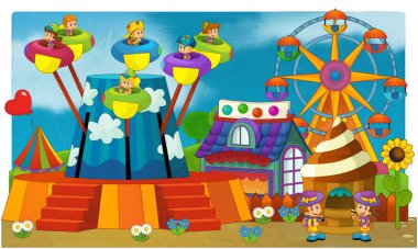 Lunaparktaki çocukların oynadığı karikatür sahnesi ya da oyun parkındaki komik illüstrasyon