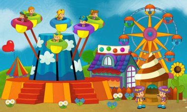 Lunaparktaki çocukların oynadığı karikatür sahnesi ya da oyun parkındaki komik illüstrasyon