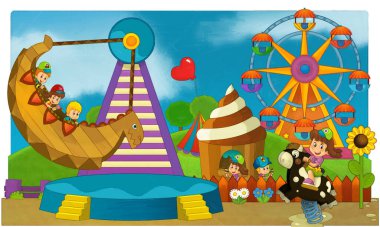 Lunaparktaki çocukların oynadığı karikatür sahnesi ya da oyun parkındaki komik illüstrasyon