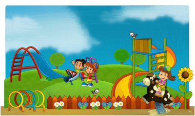 Lunaparktaki çocukların oynadığı karikatür sahnesi ya da oyun parkındaki komik illüstrasyon