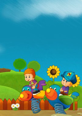 Lunaparktaki çocukların oynadığı karikatür sahnesi ya da oyun parkındaki komik illüstrasyon
