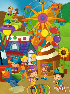 Lunaparktaki çocukların oynadığı karikatür sahnesi ya da oyun parkındaki komik illüstrasyon