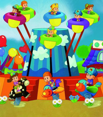 Lunaparktaki çocukların oynadığı karikatür sahnesi ya da oyun parkındaki komik illüstrasyon