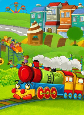 Lunaparkta ya da çocuk parkında oynayan çocukların olduğu çizgi film sahnesi.