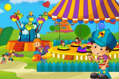 Lunaparktaki çocukların oynadığı karikatür sahnesi ya da oyun parkındaki komik illüstrasyon