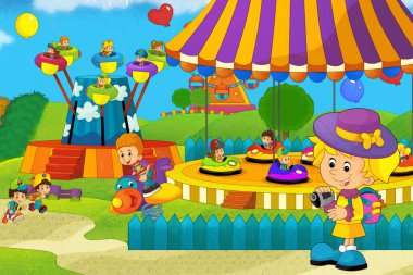 Lunaparktaki çocukların oynadığı karikatür sahnesi ya da oyun parkındaki komik illüstrasyon