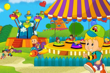 Lunaparktaki çocukların oynadığı karikatür sahnesi ya da oyun parkındaki komik illüstrasyon