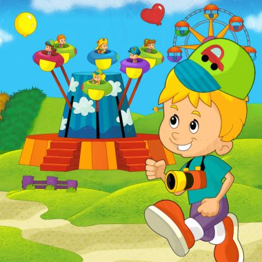 Lunaparktaki çocukların oynadığı karikatür sahnesi ya da oyun parkındaki komik illüstrasyon