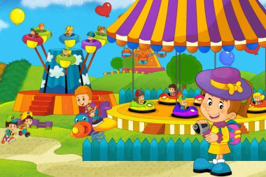 Lunaparktaki çocukların oynadığı karikatür sahnesi ya da oyun parkındaki komik illüstrasyon