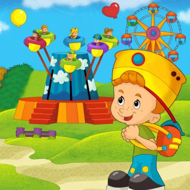 Lunaparktaki çocukların oynadığı karikatür sahnesi ya da oyun parkındaki komik illüstrasyon