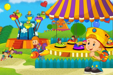 Lunaparktaki çocukların oynadığı karikatür sahnesi ya da oyun parkındaki komik illüstrasyon