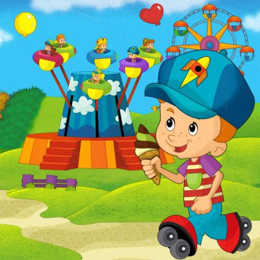 Lunaparktaki çocukların oynadığı karikatür sahnesi ya da oyun parkındaki komik illüstrasyon