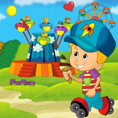 Lunaparktaki çocukların oynadığı karikatür sahnesi ya da oyun parkındaki komik illüstrasyon