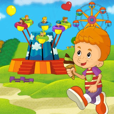 Lunaparktaki çocukların oynadığı karikatür sahnesi ya da oyun parkındaki komik illüstrasyon