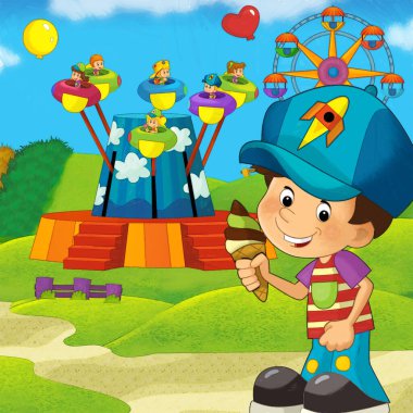 Lunaparktaki çocukların oynadığı karikatür sahnesi ya da oyun parkındaki komik illüstrasyon