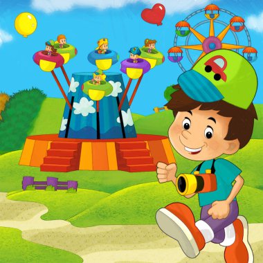 Lunaparktaki çocukların oynadığı karikatür sahnesi ya da oyun parkındaki komik illüstrasyon