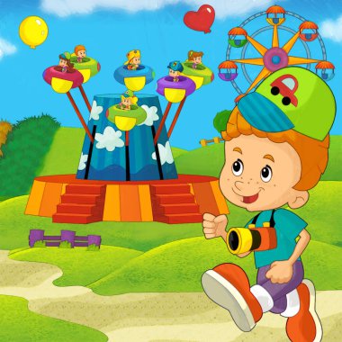Lunaparktaki çocukların oynadığı karikatür sahnesi ya da oyun parkındaki komik illüstrasyon