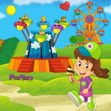 Lunaparktaki çocukların oynadığı karikatür sahnesi ya da oyun parkındaki komik illüstrasyon