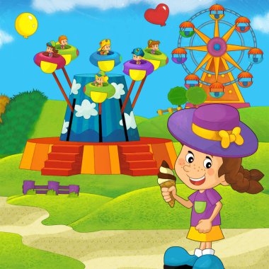 Lunaparktaki çocukların oynadığı karikatür sahnesi ya da oyun parkındaki komik illüstrasyon
