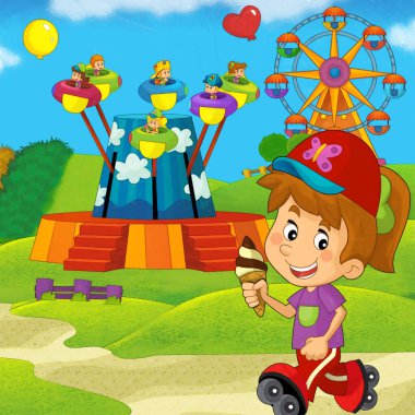 Lunaparktaki çocukların oynadığı karikatür sahnesi ya da oyun parkındaki komik illüstrasyon