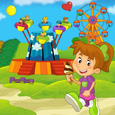 Lunaparktaki çocukların oynadığı karikatür sahnesi ya da oyun parkındaki komik illüstrasyon