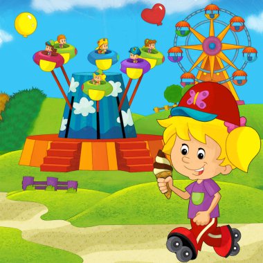 Lunaparktaki çocukların oynadığı karikatür sahnesi ya da oyun parkındaki komik illüstrasyon