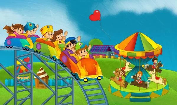 Scène Dessin Animé Avec Des Enfants Jouant Parc Attractions Aire — Photo