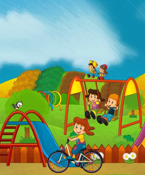 Kreslená Scéna Dětmi Hraje Zábavním Parku Zábavy Nebo Hřiště Legrační — Stock fotografie